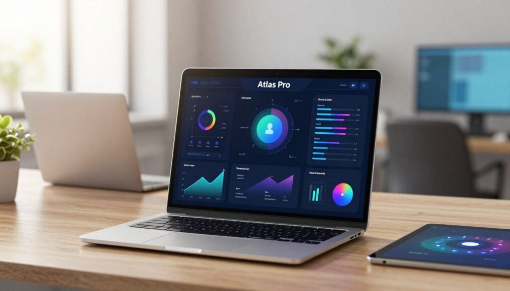 A high-tech user interface design showcasing the "Atlas Pro" features prominently centered in the foreground. The screen displays colorful, detailed graphs and user-friendly icons representing key functionalities. In the middle ground, a sleek workspace with a laptop and digital tablet complements the vibrant interface, emphasizing a modern, productive environment. The background features soft, out-of-focus office elements, adding depth without distraction. The lighting is bright and inviting, creating a focused atmosphere, with a slight lens flare to enhance the tech vibe. The overall mood is professional and innovative, aiming to convey clarity and efficiency, perfect for examining advanced features in digital projects. A high-tech user interface design showcasing the "Atlas Pro" features prominently centered in the foreground. The screen displays colorful, detailed graphs and user-friendly icons representing key functionalities. In the middle ground, a sleek workspace with a laptop and digital tablet complements the vibrant interface, emphasizing a modern, productive environment. The background features soft, out-of-focus office elements, adding depth without distraction. The lighting is bright and inviting, creating a focused atmosphere, with a slight lens flare to enhance the tech vibe. The overall mood is professional and innovative, aiming to convey clarity and efficiency, perfect for examining advanced features in digital projects.