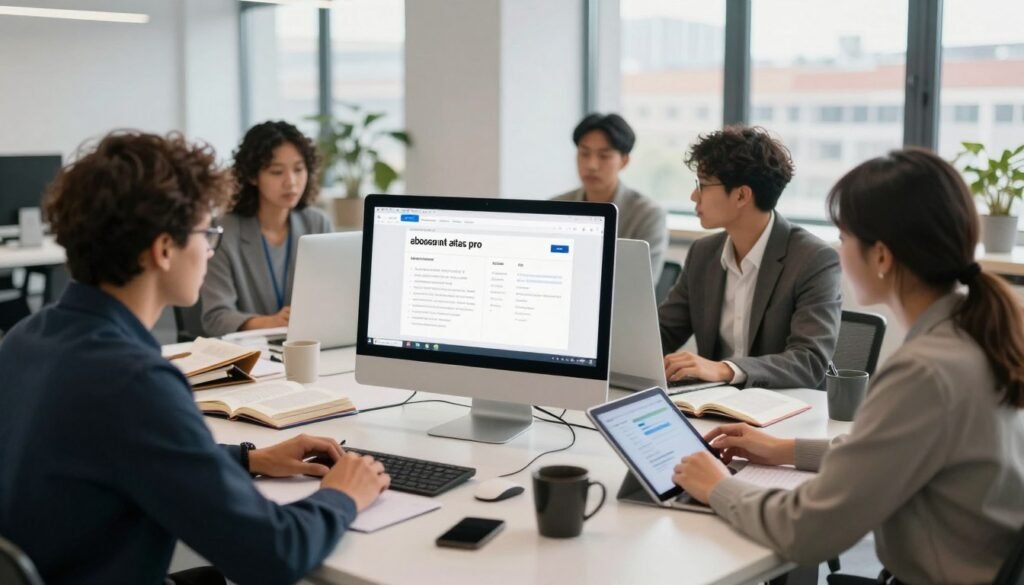 A sleek, modern workspace featuring a high-tech computer displaying the "abonnement atlas pro" interface on the screen. In the foreground, a diverse group of professionals are engaged in a dynamic brainstorming session, dressed in professional business attire, showcasing collaboration and creativity. The middle layer reveals contemporary office elements like open books, digital tablets, and coffee mugs, accentuating a productive atmosphere. In the background, large windows flood the space with natural light, offering a view of an urban landscape, symbolizing connectivity and innovation. The overall mood is inspiring and collaborative, embodying the essential nature of the "abonnement atlas pro" for multimedia projects. Soft, warm lighting adds to the inviting ambiance, while a slight depth of field effect emphasizes the focus on the professionals and their work. A sleek, modern workspace featuring a high-tech computer displaying the "abonnement atlas pro" interface on the screen. In the foreground, a diverse group of professionals are engaged in a dynamic brainstorming session, dressed in professional business attire, showcasing collaboration and creativity. The middle layer reveals contemporary office elements like open books, digital tablets, and coffee mugs, accentuating a productive atmosphere. In the background, large windows flood the space with natural light, offering a view of an urban landscape, symbolizing connectivity and innovation. The overall mood is inspiring and collaborative, embodying the essential nature of the "abonnement atlas pro" for multimedia projects. Soft, warm lighting adds to the inviting ambiance, while a slight depth of field effect emphasizes the focus on the professionals and their work.