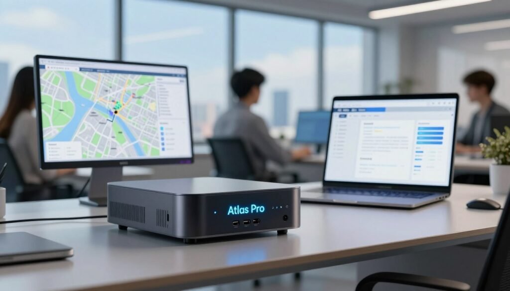 An artistic representation of the "Atlas Pro" device prominently displayed on a sleek desk in a modern office environment. In the foreground, focus on the Atlas Pro, showcasing its innovative design with a glowing interface and various connectivity ports. In the middle ground, incorporate elements like digital maps and project presentations open on a laptop screen, emphasizing its role in project planning and data analysis. The background features a large window with blue sky and city skyline, bathed in natural light that enhances the atmosphere of productivity. Use a shallow depth of field to draw attention to the Atlas Pro while keeping the office setting slightly blurred. The mood is one of collaboration and innovation, reflecting its importance in the OntV ecosystem. An artistic representation of the "Atlas Pro" device prominently displayed on a sleek desk in a modern office environment. In the foreground, focus on the Atlas Pro, showcasing its innovative design with a glowing interface and various connectivity ports. In the middle ground, incorporate elements like digital maps and project presentations open on a laptop screen, emphasizing its role in project planning and data analysis. The background features a large window with blue sky and city skyline, bathed in natural light that enhances the atmosphere of productivity. Use a shallow depth of field to draw attention to the Atlas Pro while keeping the office setting slightly blurred. The mood is one of collaboration and innovation, reflecting its importance in the OntV ecosystem.