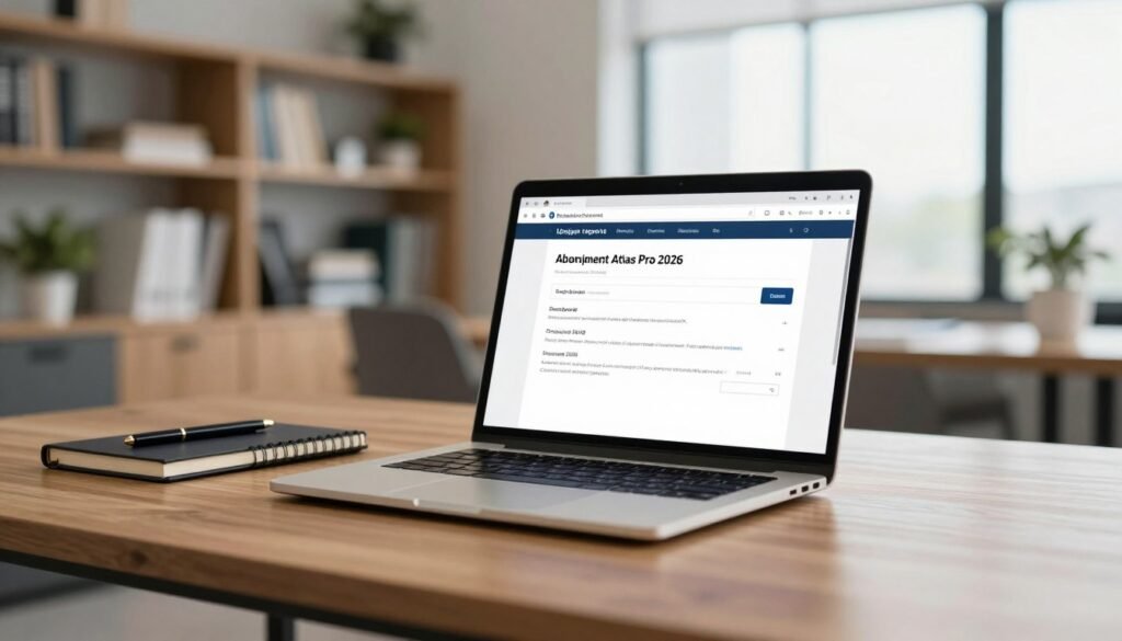 A close-up view of a modern laptop displaying the "Abonnement Atlas Pro 2026" pricing plan on the screen, with a professional business workspace in the background. The foreground features the laptop on a sleek wooden desk with a stylish notebook and a pen beside it. In the middle ground, a soft focus on a modern office setting with natural light streaming through large windows, creating a warm and inviting atmosphere. The background should have blurred shelves filled with books and green plants to evoke a sense of professional organization and calm. The image should convey a mood of clarity and insight, with a focus on professionalism and efficiency, captured using a shallow depth of field to highlight the laptop and surrounding details.