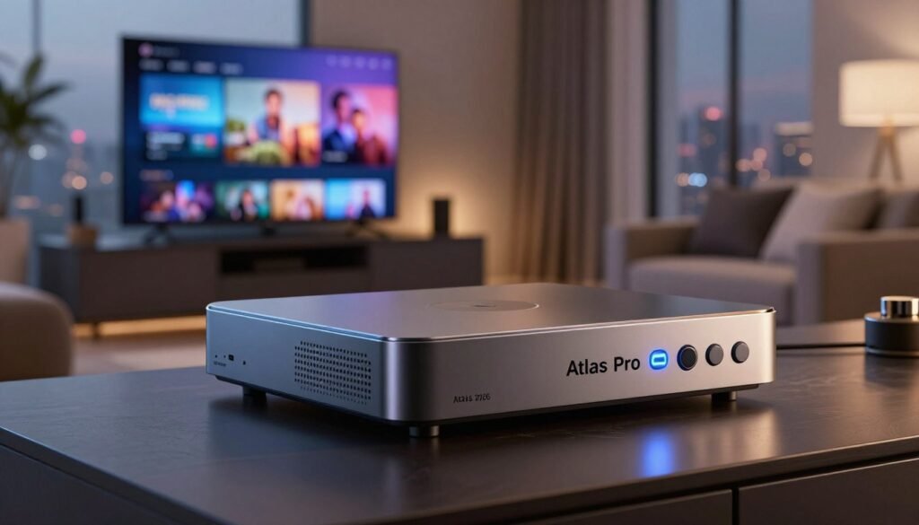 A futuristic scene depicting the "Atlas Pro 2026" satellite receiver prominently in the foreground, showcasing its sleek, modern design with metallic surfaces, dynamic lighting, and illuminated buttons that convey advanced technology. In the middle ground, display a contemporary living room setting with a large screen showcasing stunning visuals, hinting at high-definition streaming capabilities. Soft, ambient lighting enhances the atmosphere, giving a sense of luxury and innovation. In the background, include hints of a city skyline through large windows, suggesting sophistication and connectivity. The overall mood should be one of excitement and anticipation for the future of entertainment technology, with a focus on the Atlas Pro 2026 as the centerpiece.