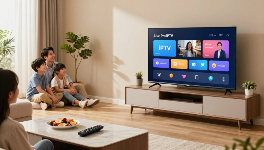 A modern living room featuring a sleek entertainment center showcasing the Atlas Pro IPTV interface on a large flat-screen TV. The foreground includes a stylish coffee table with a remote control and snacks, emphasizing a cozy viewing experience. In the middle, a family of four—two adults in professional casual attire and two children—are engaged in watching TV together, smiling and enjoying the show. The background features warm lighting and a few decorative plants, creating an inviting atmosphere. The scene is illuminated with soft, natural light streaming in from a nearby window, captured from a slightly elevated angle to highlight the entire setting, evoking a sense of comfort and enjoyment.