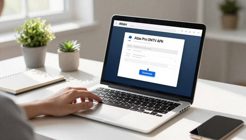 A serene workspace setting featuring a modern laptop displaying the "Atlas Pro ONTV APK" downloading interface on the screen. In the foreground, a hand reaching out to click on the "Download" button, emphasizing the action of secure downloading. The middle ground showcases a sleek, minimalist desk with a potted plant and a notepad, contributing to a professional atmosphere. In the background, sunlight streams through a window, casting gentle shadows and highlighting the workspace's cleanliness and organization. The mood is focused and productive, ideal for illustrating the secure downloading process. Use soft, natural lighting to enhance the inviting feel, shot at eye level for an engaging perspective.