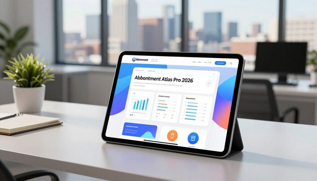 A sleek, modern workspace featuring a digital tablet displaying the "Abonnement Atlas Pro 2026" interface, highlighting its new features. In the foreground, the tablet screen should show vibrant graphics, with icons representing key functionalities like advanced analytics, user-friendly layout, and innovative services. The middle ground includes a stylish office desk with a minimalist design, featuring a potted plant and a notebook, emphasizing a professional atmosphere. In the background, large windows offer a panoramic city skyline view bathed in natural light, creating an inspiring environment. The scene is well-lit, with a soft focus on the tablet, suggesting a sense of clarity and modernity. The overall mood should convey excitement and anticipation for the upcoming subscription.