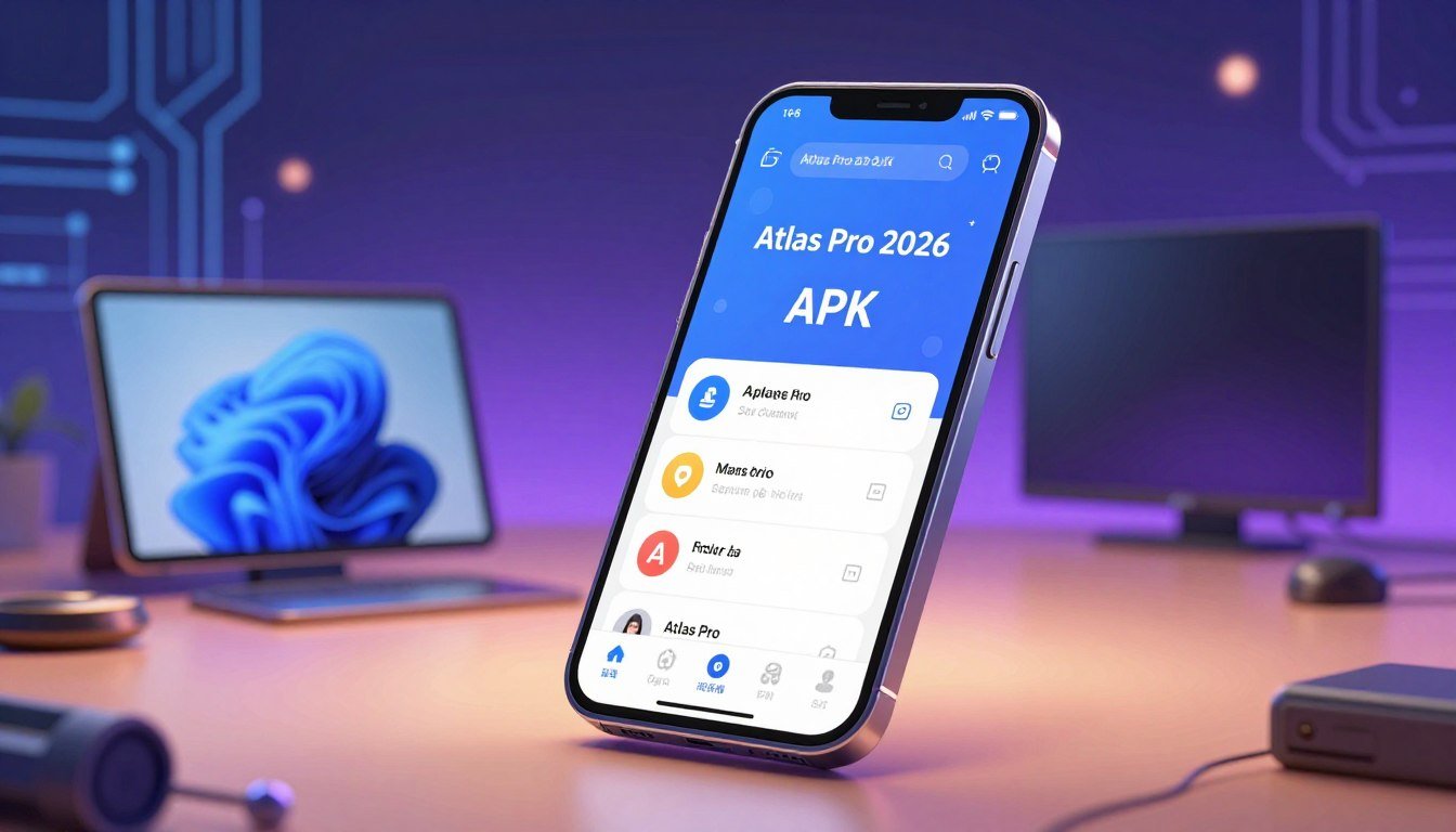 Smartphone affichant l'application Atlas Pro, avec une tablette et une Smart TV en arrière-plan