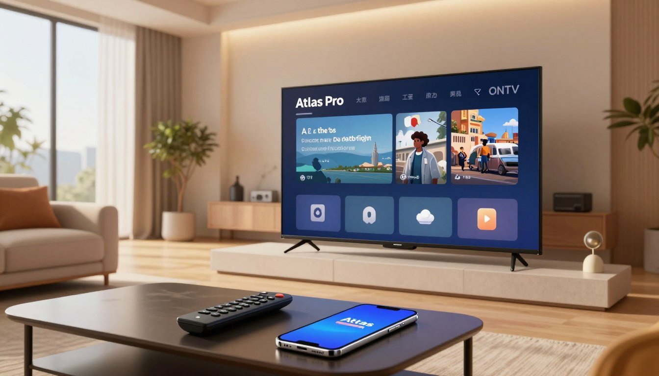 Téléviseur de salon affichant l'interface Atlas Pro ONTV, avec une télécommande et un smartphone posés sur la table basse